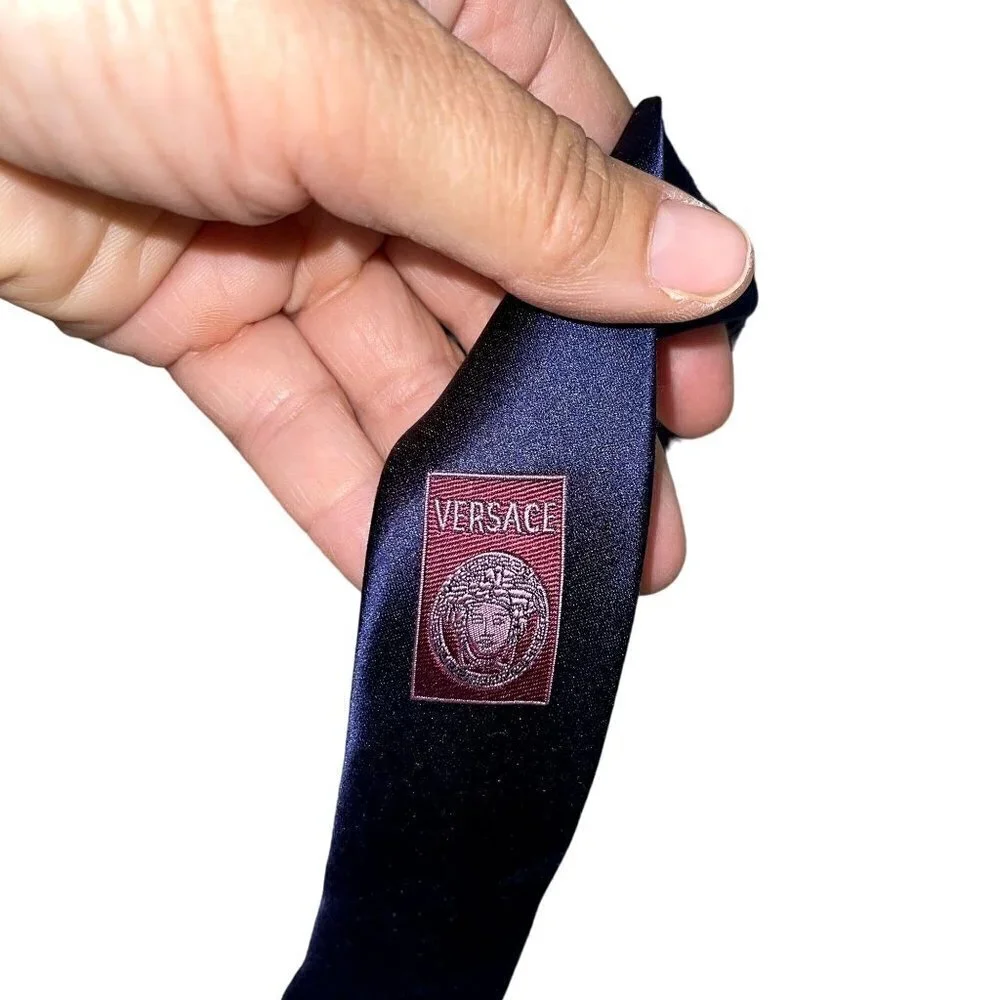Versace Vintage Mens Neck Tie One Size Blue Lavender White Medusa Silk Logo
